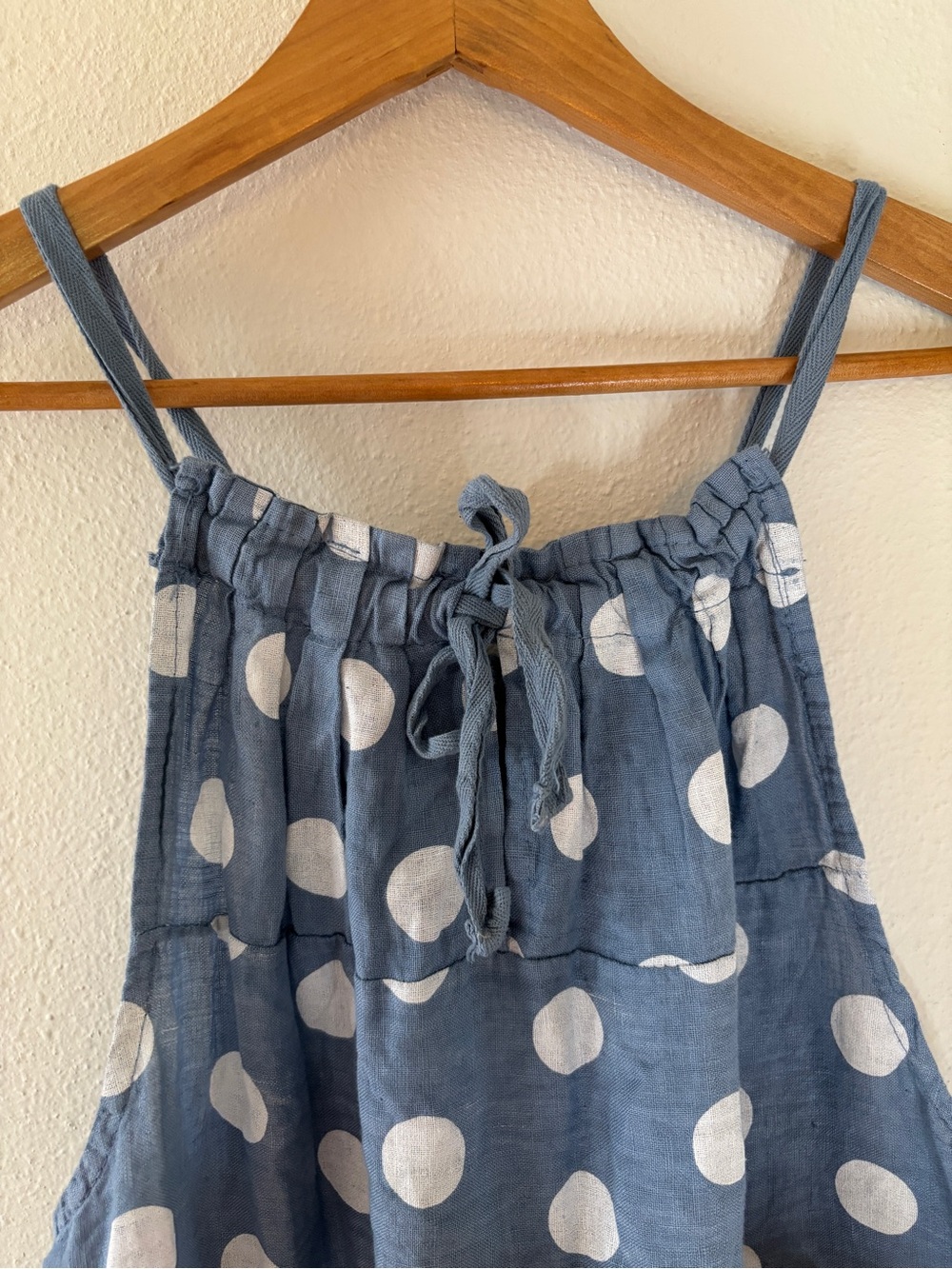 Made In Italy Linen Polka Dot Halter Maxi Dress O/S Blue Hi-Low Coastal Euro - Picture 8 of 10
